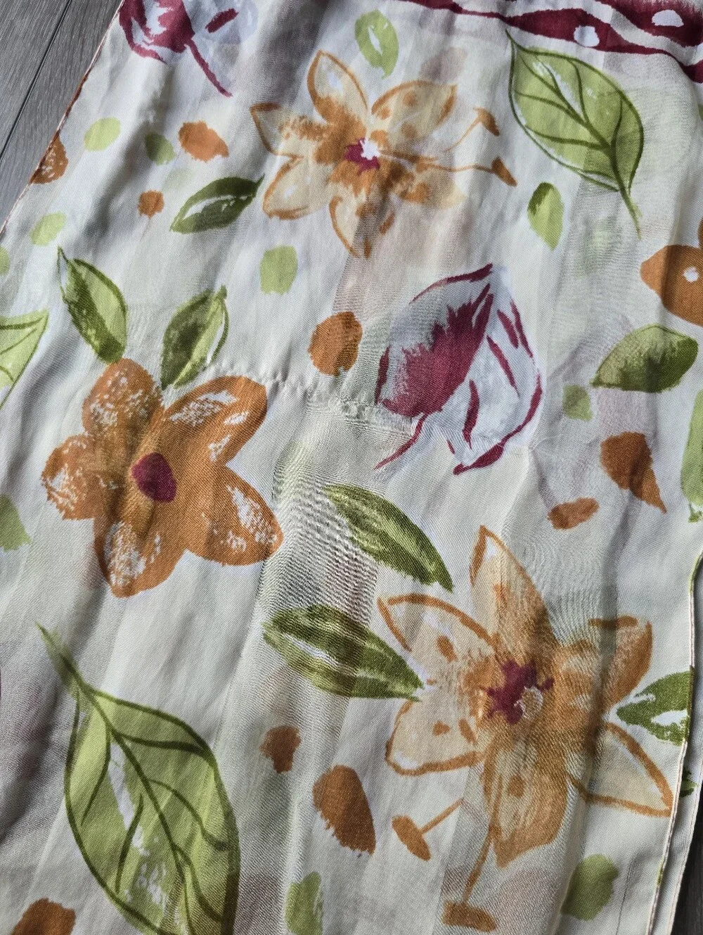 Watercolor Floral Oblong Scarf Boho Ikat Border Orange Green Made in Italy Long